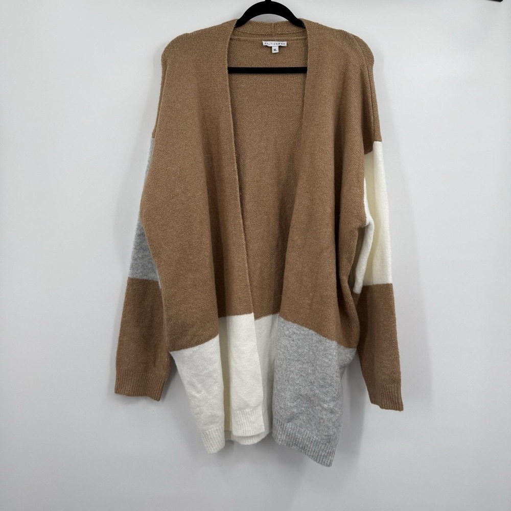 BALTICBORN Cardigan Womens XL Brown Open Oversized Stretch Collarless Striped
